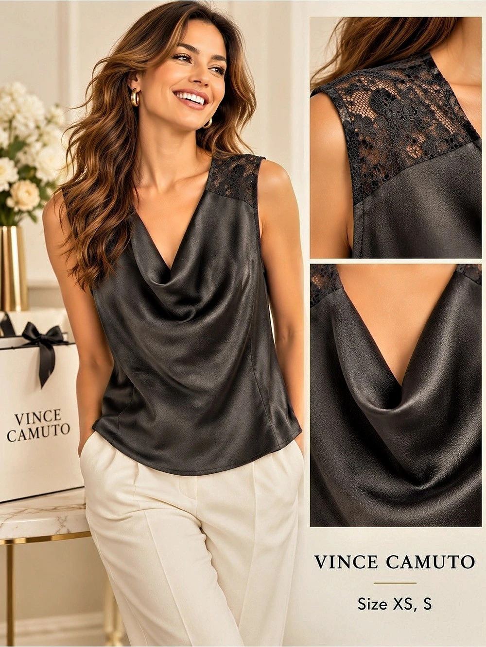 Vince Camuto Lace Trim Cowl Neck Sleeveless Top Black Small